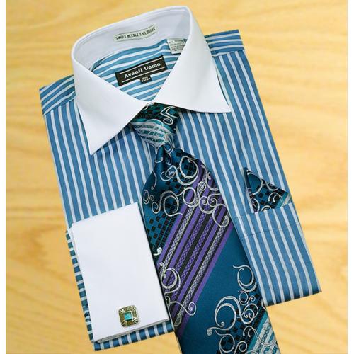 Avanti  Uomo Teal Two Tone Stripes Shirt / Tie / Hanky Set With Free Cufflinks DN51M