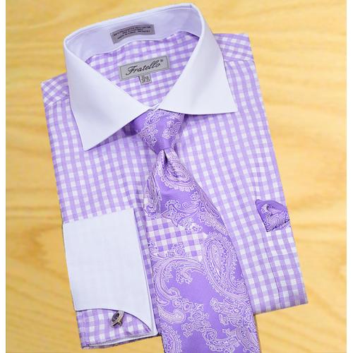 Fratello White / Lavender Windowpanes Shirt / Tie / Hanky Set With Free Cufflinks FRV4117