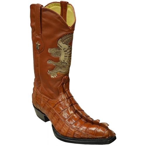 Upscale Menswear Custom Collection Cognac All Over Genuine Hornback Crocodile Tail Cowboy Boots with Embroidered Crocodile Shaft 198C0103