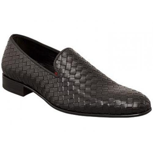 Mezlan "MACARIO" Black Antiqued Italian Calfskin with Perforated Design Trim Loafer Shoes