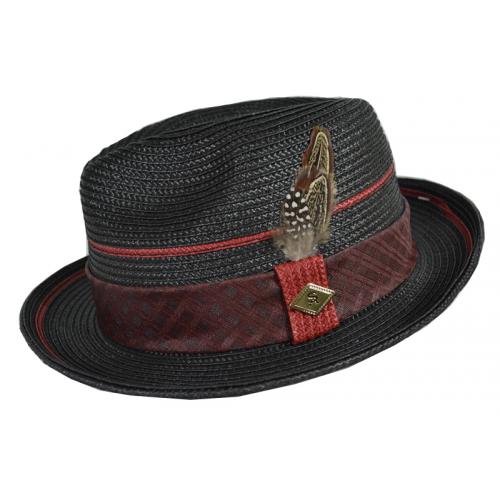 Stacy Adams Black / Red / Wine Straw  Fedora Dress Hat SA589