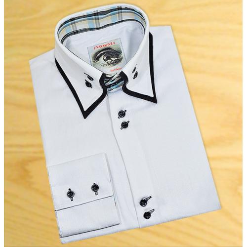 Insomnia "Rome"  White Shadow Pinstripes With Black/ White Double  Layered High Collar 100% Cotton Dress Shirt