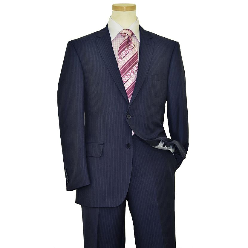 $300 Bertolini Navy Blue Pinstriped Classic Fit Two Button Wool blend Suit