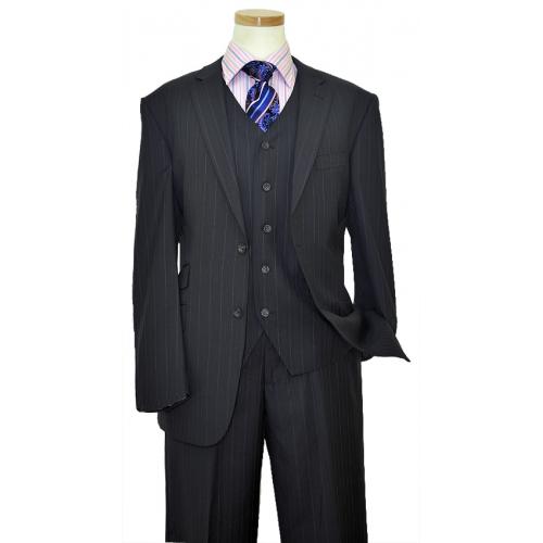 Luciano Carreli Collection Black / Dotted Sky Blue Pinstripes With Black Hand-Pick Stitching Super 150'S Vested Suit 3238-4201