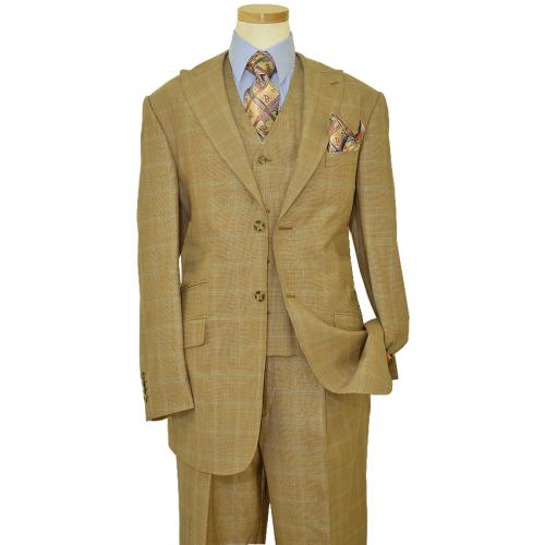 Luciano Carreli Collection Sand / Brown Mini Houndstooth Design With Sky Blue Windowpanes  Hand-Pick Stitching Super 150'S Vested Suit 6291-9123