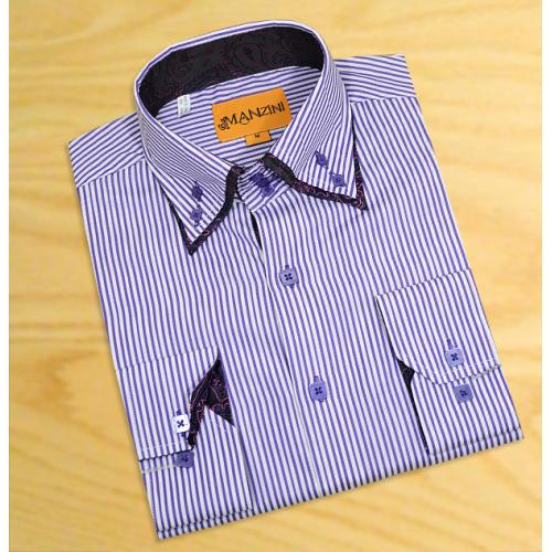 Manzini MZO-10 | White / Purple Stripes Cotton High-Collar Dress Shirt