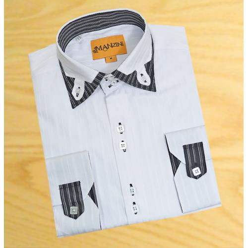 Manzini White Shadow Stripes With Black / White Stripe Trimming on Collar With Button Tab Double Layered High Collar 100% Cotton Dress Shirt  MZO-14