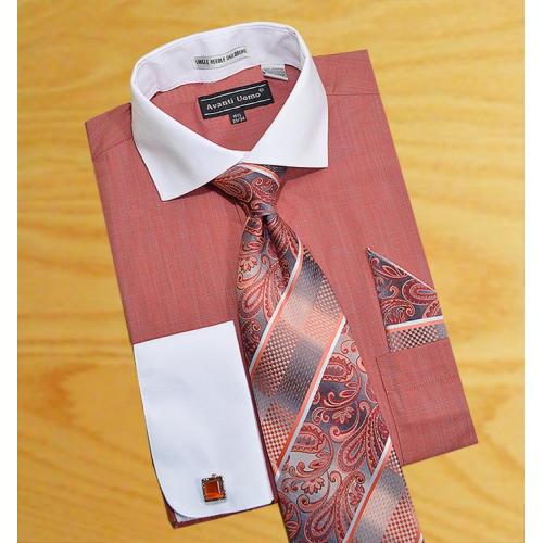 Avanti Uomo Brick Red / White/ Grey Self Design Shirt / Tie / Hanky Set With Free Cufflinks DN53M