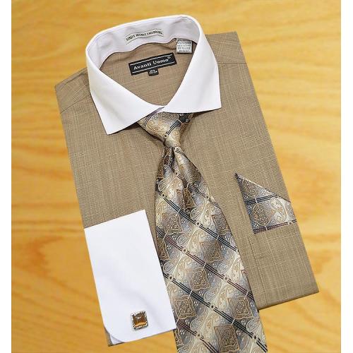 Avanti Uomo Beige/ White Self Design Shirt / Tie / Hanky Set With Free Cufflinks DN53M