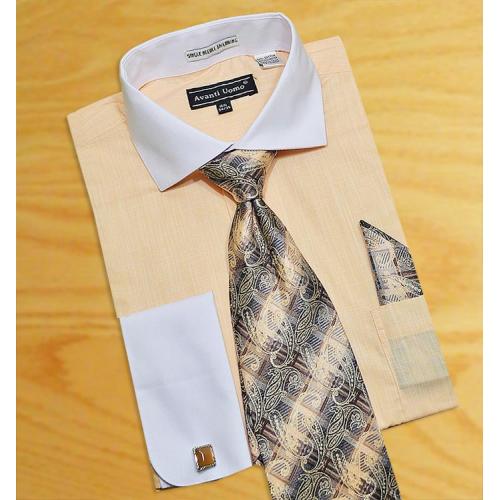 Avanti Uomo Peach / White/ Cream Self Design Shirt / Tie / Hanky Set With Free Cufflinks DN53M