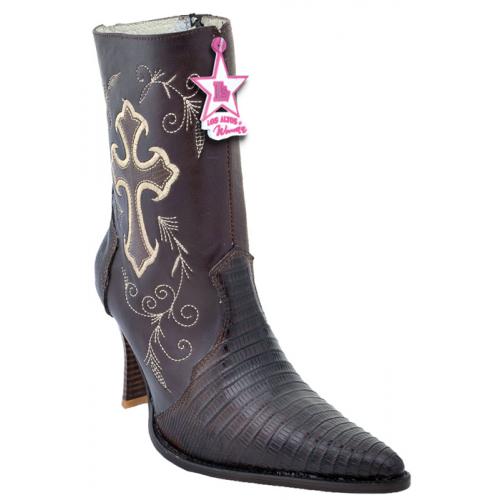 Los Altos Ladies Brown Genuine All-Over Lizard Cross Design Ankle Boots with Zipper 36B0707