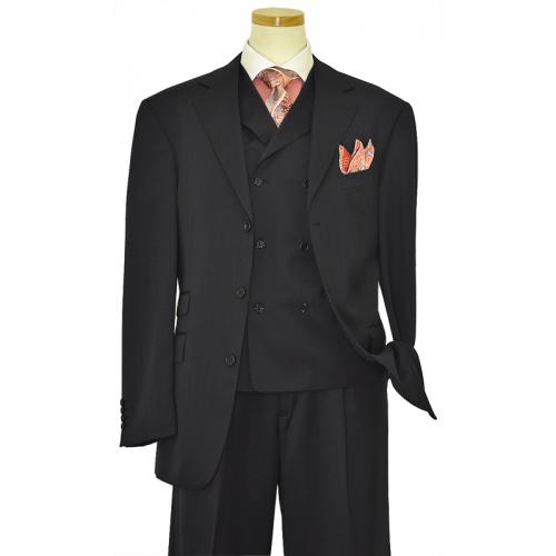 Extrema Solid Black With Black Handpick Stitching Super 140's Wool Vested Suit HX10014