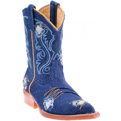 Los Altos Bluejean Genuine All-Over Demin Patches  3X Toe Cowboy Kid Boots 454414