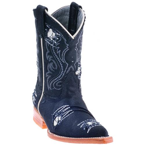 Los Altos Black Genuine All-Over Demin Patches  3X Toe Cowboy Kid Boots 454405