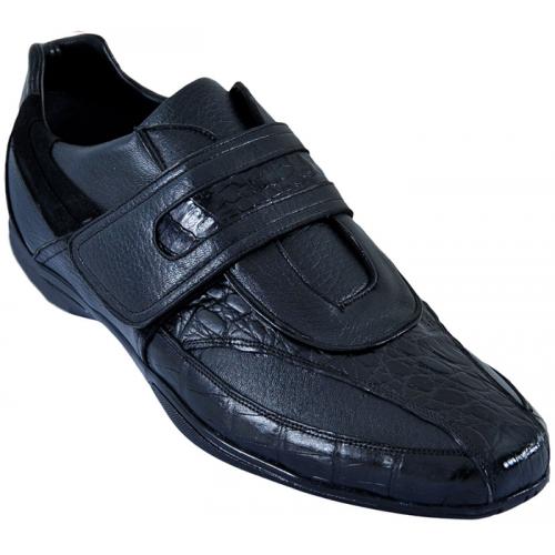 Los Altos Black Genuine Crocodile Belly W/Deer Casual Shoes With Velcro Strap ZC088205