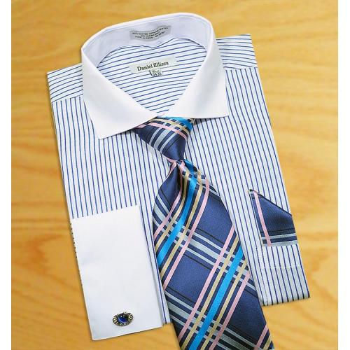 Daniel Ellissa White / Royal Blue Pinstripes With Spread Collar / Free Cufflinks Shirt / Tie / Hanky Set DS3761P2