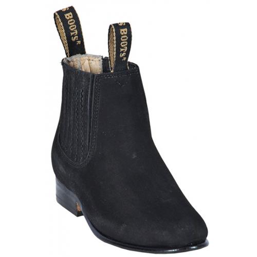 Los Altos Kid's Black Genuine Suede Charro Short Boots 416305