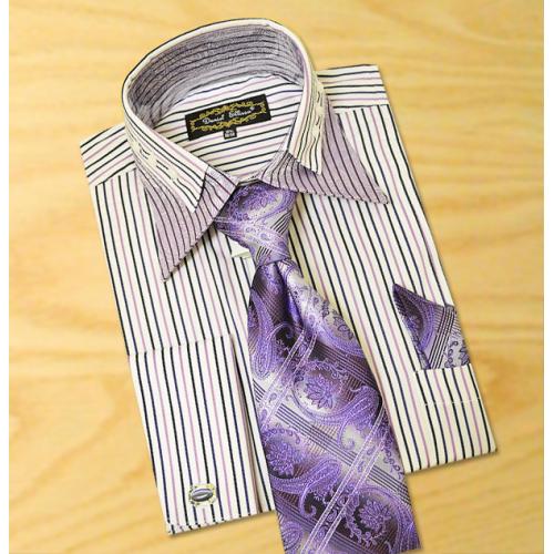 Daniel Ellissa White With Lavender / Purple / Plum Stripes With Lavender Paisley Design Double Collar Shirt / Tie / Hanky With free Cufflinks FS1118P2