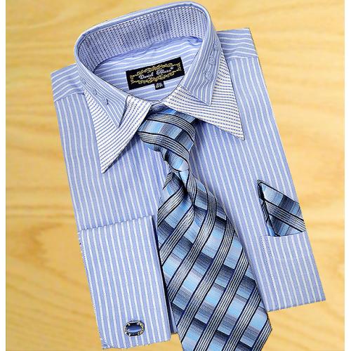 Daniel Ellissa Light Blue /  White Stripes With White / Light Blue Checkerboard Double Collar Shirt / Tie / Hanky Set With free Cufflinks FS1118P2