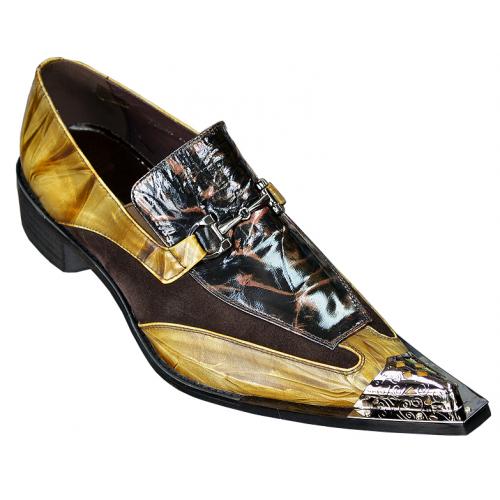 Fiesso Camel / Brown Patent Leather Pointed Toe Loafer Shoes With Metaltip FI6652
