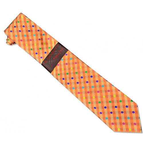 Hi-Density By Steven Land SL077 Orange Self Diagonal Stripes With Rainbow Polka Dot 100% Woven Silk Necktie / Hanky Set