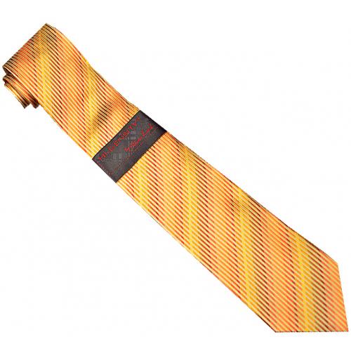Hi-Density By Steven Land SL080 Rust / Orange / Gold / Tan / Diagonal Vertical Stripes Design 100% Woven Silk Necktie / Hanky Set