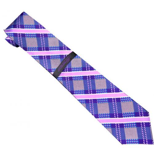 Piattelli Collection PT007 Lavender / Purple / White / Turquoise Diamond Design 100% Woven Silk Necktie/Hanky Set