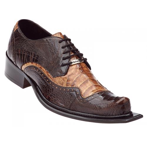 Belvedere "Asino" Brown / Camel Genuine Ostrich / Crocodile Shoes # 3406.