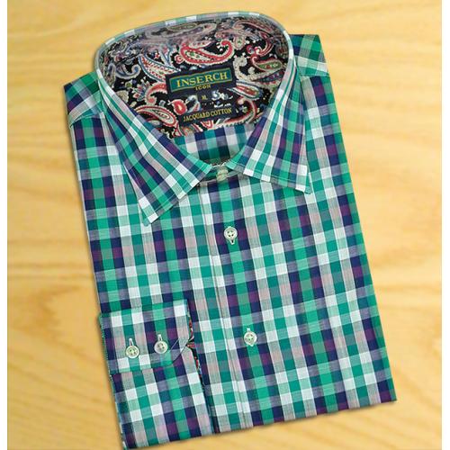 Inserch Green / White / Navy Blue Checkerboard Design 100% Jacquard Cotton Casual Dress Shirt 2592
