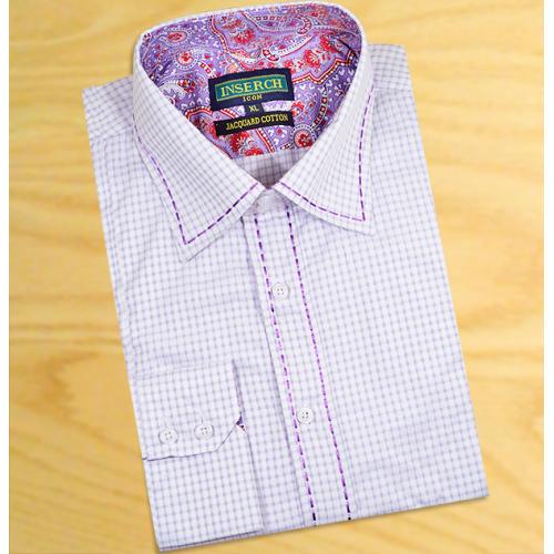 Inserch White / Lavender Micro Windowpane With Purple Hand Pick Stitching Design 100% Jacquard Cotton Casual Dress Shirt 2271