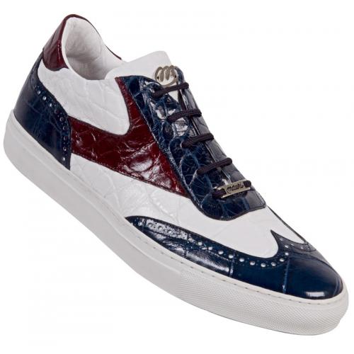 Mauri "8896" White / Ruby Red / Wonder Blue Genuine All-Over Alligator Casual Sneakers.