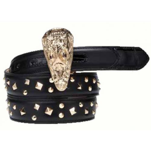 Mauri "100/35" Black Genuine Baby Crocodile Nappa Leather Gold Studs Leather Belt