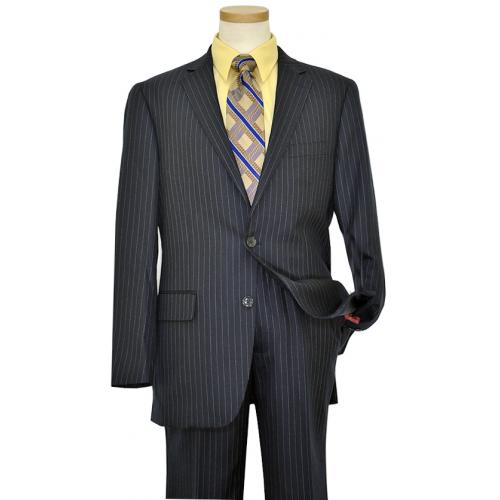 Vincenzi Navy Blue With White Dashed Pinstripes Wool & Silk Blended Super 140'S Suit V83809