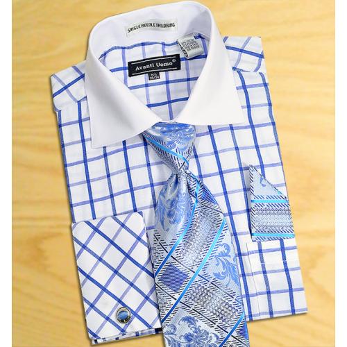 Avanti Uomo White / Royal Blue Windowpanes Design Shirt / Tie / Hanky Set With Free Cufflinks DN56M