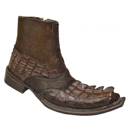 Pecos Bill Cortez Brown Genuine Hornback Crocodile Tail / Marbleized Pony Hair Boots