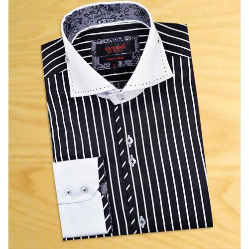 Axxess Black With White Pinstripes 100% Cotton High Collar Dress Shirt 307-36
