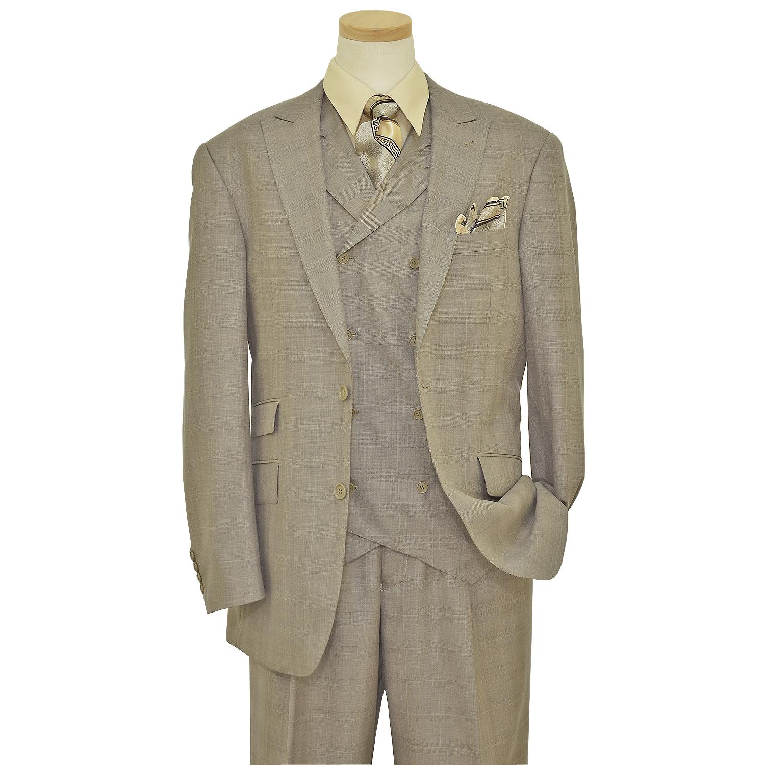 Extrema Taupe With Taupe Windowpane Design Super 140's Wool Vested Suit ...