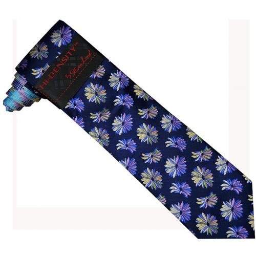 Hi-Density By Steven Land SL099  Navy / Multicolor Flower Design 100% Woven Silk Necktie / Hanky Set