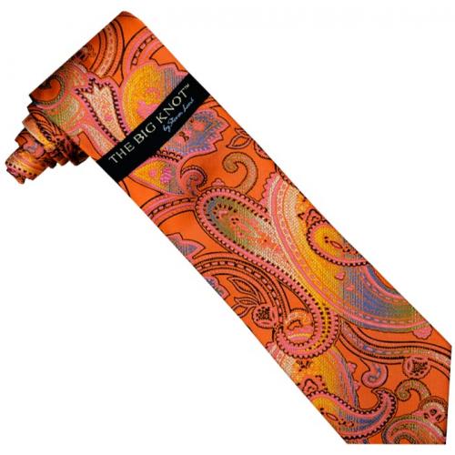 Steven Land Collection "Big Knot" SL121 Orange Multi Color Paisley Design 100% Woven Silk Necktie / Hanky Set