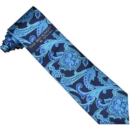 Steven Land Collection "Big Knot" SL109 Navy Blue Turquoise Ocean Blue Paisley Design 100% Woven Silk Necktie / Hanky Set