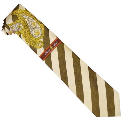 Steven Land Collection SL108 Cream / Olive Green Paisley Diagonal Stripes 100% Woven Silk Necktie / Hanky Set