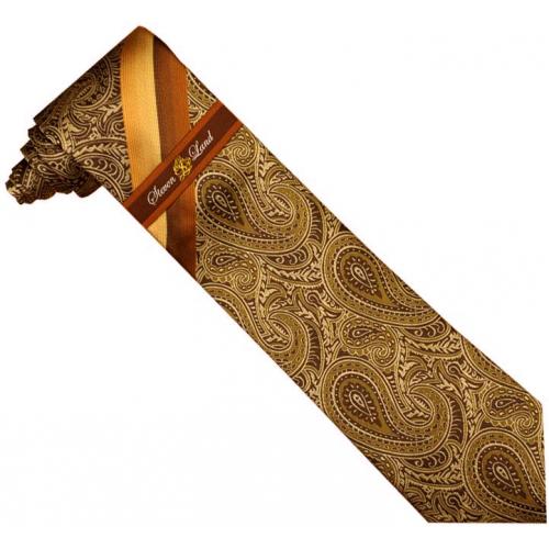 Steven Land Collection SL119 Brown Taupe Paisley Design 100% Woven Silk Necktie / Hanky Set