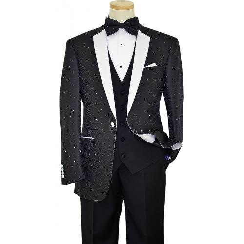 Statement Confidence - Bellagio Black Paisley Design Modern Fit Mens 3 Piece Tuxedo Suit SB-1