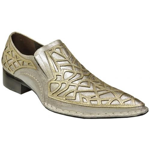 Fiesso Metalic Grey / Gold Genuine Leather Pointed Tip Loafer Shoes With Embroidered Stitching FI6741