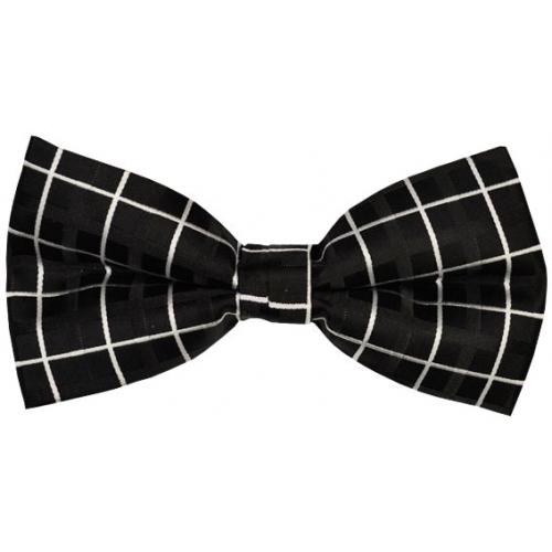 Classico Italiano Black With White Windowpane 100% Silk Bow Tie / Hanky Set BT023