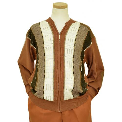 SilverSilk Rust / Cream / Brown Knitted Front Zipper Triple Textured Stripes Sweater Jacket 3594