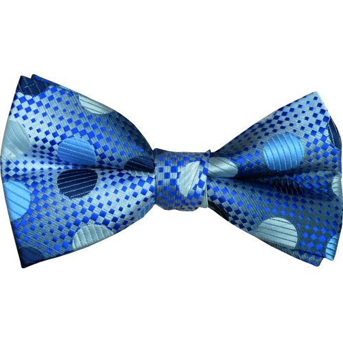Classico Italiano Silver Navy Sky Blue Polka Dot 100% Silk Bow Tie / Hanky Set BT030