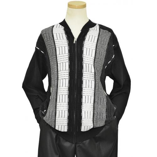 SilverSilk Black /  White / Grey Knitted Front Zipper Triple Textured Stripes Sweate Jacket 3594