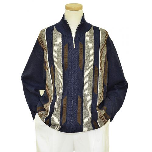 SilverSilk Navy Blue / White / Grey / Brown Knitted Front Zipper Triple Textured Stripes Sweater Jacket 3588