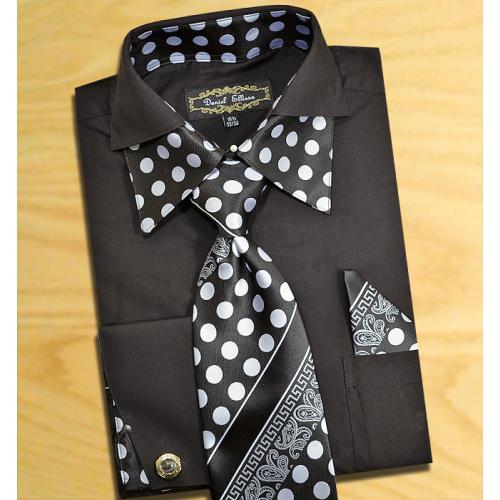 Daniel Ellissa Black / Silver Grey Polka Dots Double Collar Shirt / Tie / Hanky Set With Free Cufflinks FS1112P2